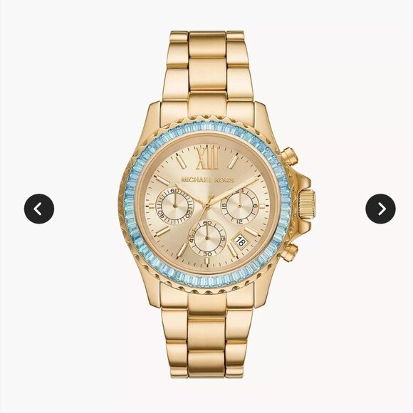 Michael Kors Everest Chronograph Gold Tone 42MM Turquoise Baguette Watch - Picture 1 of 6